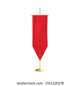 Scarlet red silk banner flag with blank copy space isolated on white background. Pointed rectangle piece of fabric for royal sigil or branding template, vector illustration