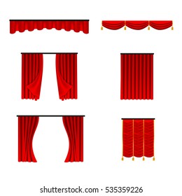 Scarlet red silk velvet interior curtains, design ideas, realistic collection icons isolated vector illustration