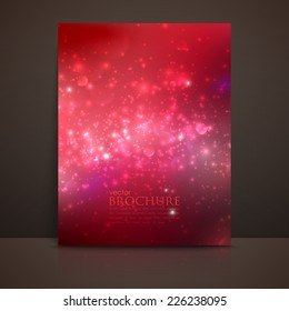 scarlet (red) sparkling background with glowing sparkles and glitters. Shiny holiday vector brochure, flyer, postcard, invitation or greeting card template