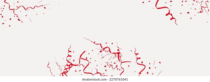 Scarlet Ribbon Party Vector Panoramic Grey Background. Anniversary Star Design. Confetti Swirl Template. Red Decoration Poster.