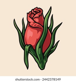 Scarlet rose vintage emblem colorful with closed bud of beautiful flower for anniversary card design vector illustration