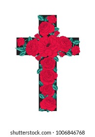 The scarlet rose's cross .
Vector drawing of the funerary cross.Decorative element for funeral.Hand drawing art.