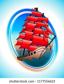 Scarlet sails ship in a circle. Vector draw