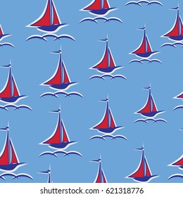 Scarlet sails. Yacht. Seamless pattern. Stylized sailboat on the waves. Design for textiles, wall hangings, wrapping paper, children's goods.