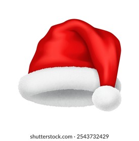 Scarlet Santa hat with small fur pompom realistic vector illustration object. Vintage new year holiday party costume 3d model on white background