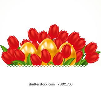 Scarlet tulips and Easter eggs. Easter card.