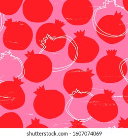 Scarlett red pomegranate vector seamless pattern with brush scratch texture and candy pink background. Colorful fruit silhouette feminine repeat design.