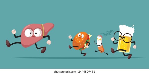 
Scarred Liver Being Chased by Bad Habits Vector Medical Cartoon. Unhealthy lifestyle affecting internal organ 
