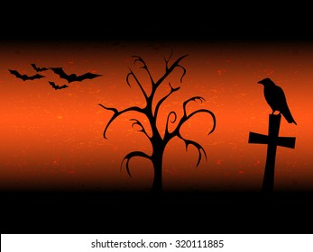 Scarry halloween background with sillhouette old tree, cross, raven and bats orange
