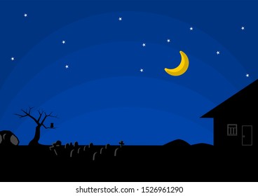 Scarry night silhouette with blue sky, stars, and moon