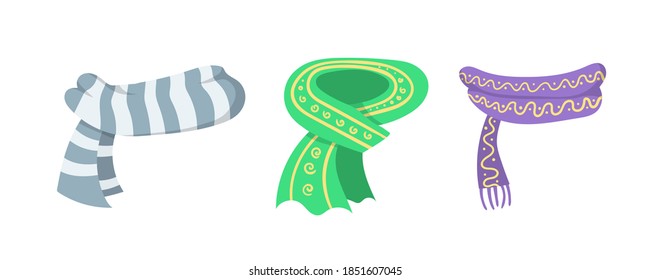 Scarves and shawls set icons collection in cartoon style. Stylish scarves isolated on a white background. Collection of winter or autumn scarf. Vector illustration in flat design. Eps 10.