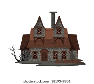 Scary Abandoned House, Halloween Haunted Cottage with Boarded Up Windows Vector Illustration on White Background