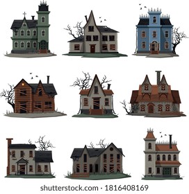 Scary Abandoned Houses Collection, Halloween Haunted Mansions with Boarded Up Windows, Creepy Trees and Birds Flying Around Vector Illustration