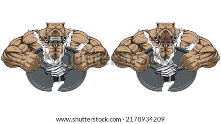 Scary aggressive intense agitated buff muscular bodybuilder pitbull. Ripping metal weight plate. Teeth full of blood.