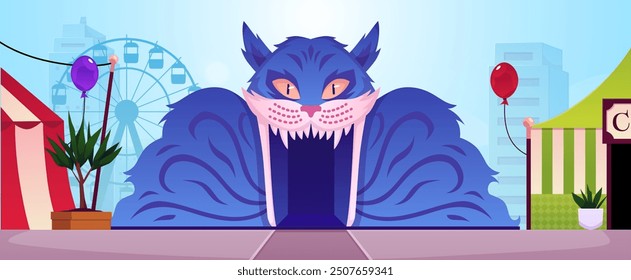 Scary amusement park. House of Fear. The building is in the shape of a huge blue Cheshire cat with fangs. Tent with attractions. Circus of horrors. Horizontal banner. Vector illustration.