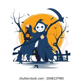 Scary angel of death holding scythe and lantern on halloween concept illustration