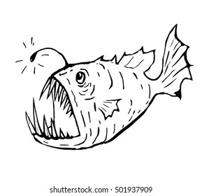 Scary anglerfish line art vector illustration
