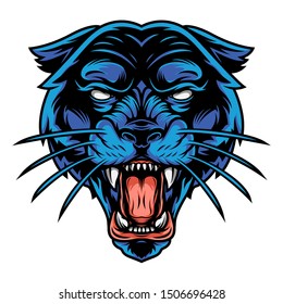 Scary angry black panther head in vintage style on white background isolated vector illustration