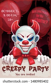 Scary angry evil clown with paper banner in the hand. Creepy party poster. Demonic circus illustration.  Halloween background.