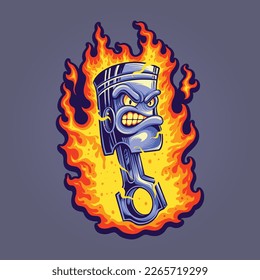 Scary angry flame piston racing logo cartoon illustrations vector illustrations for your work logo, merchandise t-shirt, stickers and label designs, poster, greeting cards advertising business company