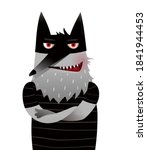 Scary angry grumpy wild black wolf animal for greeting card blank design. Cute and funny animal character design for kids, vector in watercolor style isolated on white.