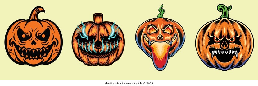 Scary and Angry Pumpkin Halloween Vector Set for Designers and Logo Makers, Halloween Background Graphic Designs Illustration