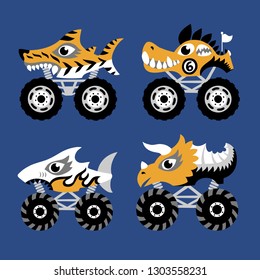 Scary animal monster truck vector set on dark blue background.  