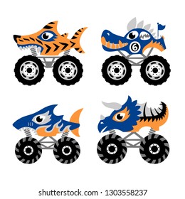 Scary animal monster truck vector set on white background.  