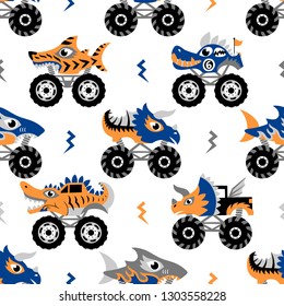 Scary animal monster trucks seamless vector pattern on white background.  
