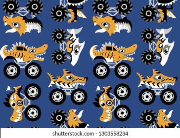 Scary animal monster trucks seamless vector pattern on dark blue background.  
