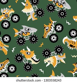 Scary animal monster trucks seamless vector pattern on dark green background.  
