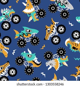 Scary animal monster trucks seamless vector pattern on dark blue background.  
