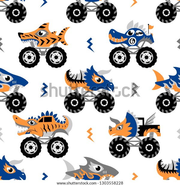 Scary animal monster trucks seamless vector pattern on
white background.  
