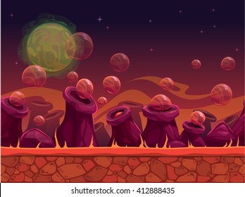 Scary another world vector seamless background for game design, separated layers for parallax effect, alien planet outdoor landscape in red colors