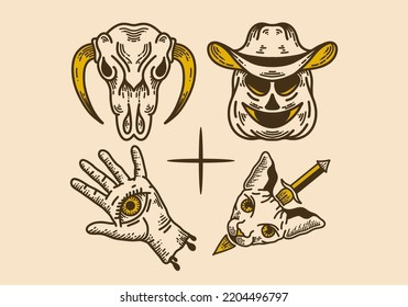 Scary artwork set vintage retro line art design