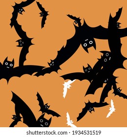 Scary Attack Orange Print Halloween Art Illustration. Chaos Faces Retro Bats Vector Design Pic. White Grey Black Light Modern Style Simple Art. Motion Funny Creepy Spooky Flying Bats Art Pattern.