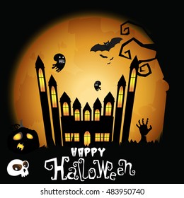Scary background with big haunted house, pumpkin, flying ghosts, bats and zombie hand in night for Happy Halloween celebration.