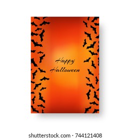 Scary background of brochure with bats for festive decoration for Halloween on the orange backdrop. Vector illustration.