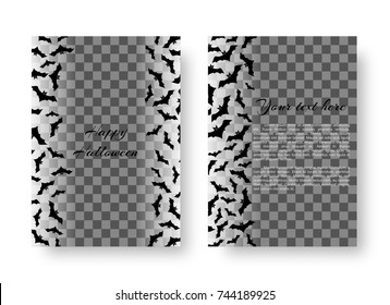 Scary background of a greeting card with bats for festive Halloween design on a transparent backdrop. Vector illustration.