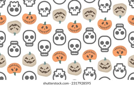 Diseño de texturas de tela de fondo de fondo de fondo escarpado , Calavera, textura de forma de calabaza sobre fondo de color pastel. Plantilla de diseño de patrones sin problemas. Blanco, negro y color orang. Diseño de vectores 