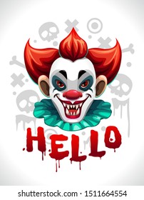 Scary Bad Clown Face. Cool Creepy Illustration For T-shirt Design. Vector Print Template.