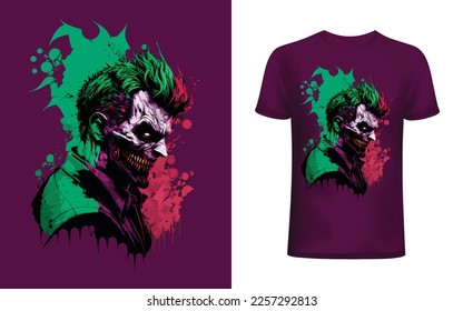 Scary bad colorful joker face. Cool creepy vector illustration for t-shirt design. Vector print template.