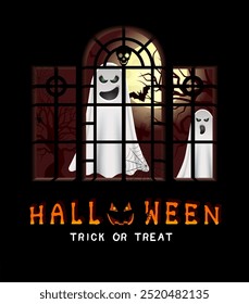 Banner assustador com a inscrição Happy Halloween. Quarto escuro assustador com uma janela, atrás da qual há fantasmas assustadores. Paisagem com lua cheia, morcegos, árvores, crânio, cruzes no cemitério