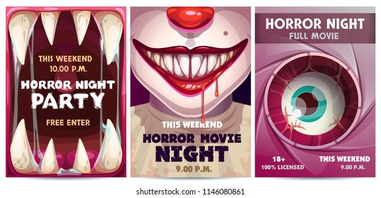 Scary Banners And Posters Set. Horror Party Invitation Flyer. Spooky Movie Poster Design. Vector Illustration.