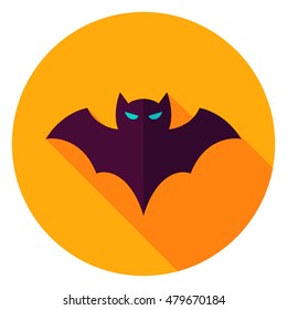 Scary Bat Circle Icon. Flat Design Vector Illustration with Long Shadow. Happy Halloween Symbol.
