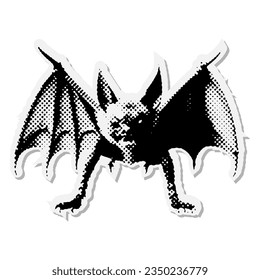 Scary bat - Halloween halftone mixed media collage paper sticker. Dotted Vintage illustration in 90s zine Paper piece style.