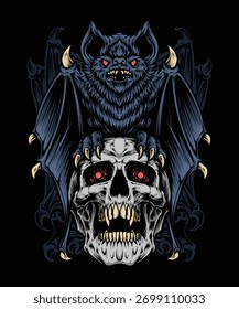 scary bat holding skull vector illustration