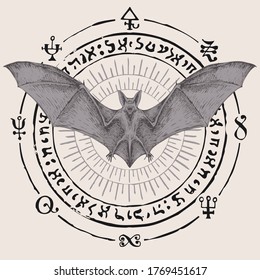 Scary bat with open wings on a background of magic symbols written in a circle. Witchcraft, occult attributes, alchemical signs. Vector banner with flying vampire, hand-drawn night creature with fangs