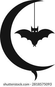Scary bat suspended by thread from giant crescent moon silhouette perfect for dark halloween night holiday graphics and party.