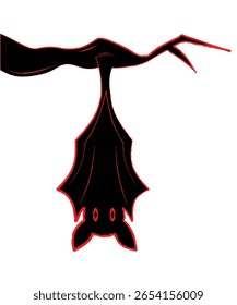 a scary bat at the tree with their red eye. they active at night day actually their is a nocturnal animal. A bat with dark skin. an animal for halloween. a vampire.